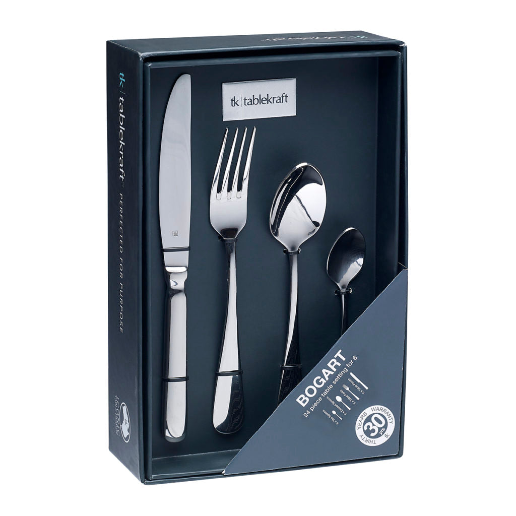 Cutlery Set - 24Pc, Bogart from Tablekraft. Packed in a gift box and sold in boxes of 1. Hospitality quality at wholesale price with The Flying Fork! 