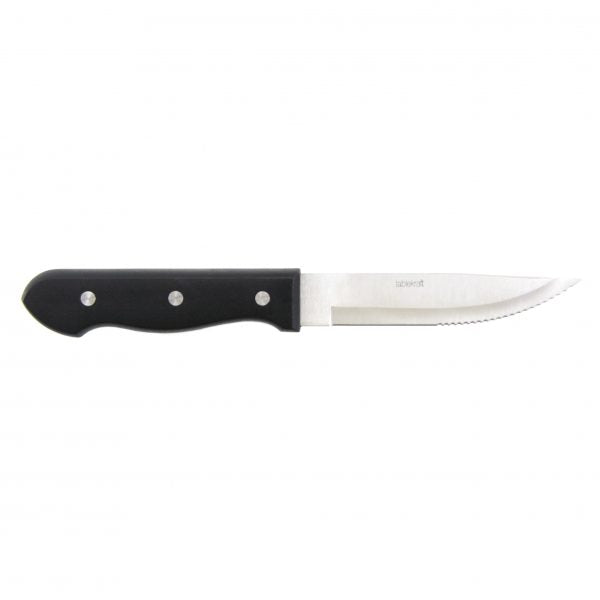 Steak Knife, Jumbo Black Handle, Pointed Tip from tablekraft. made out of Stainless Steel and sold in boxes of 12. Hospitality quality at wholesale price with The Flying Fork! 