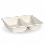2 compartment take away container - 530-380ml, white, box of 500 from BioPak. Compostable, made out of Sugarcane and sold in boxes of 1. Hospitality quality at wholesale price with The Flying Fork! 