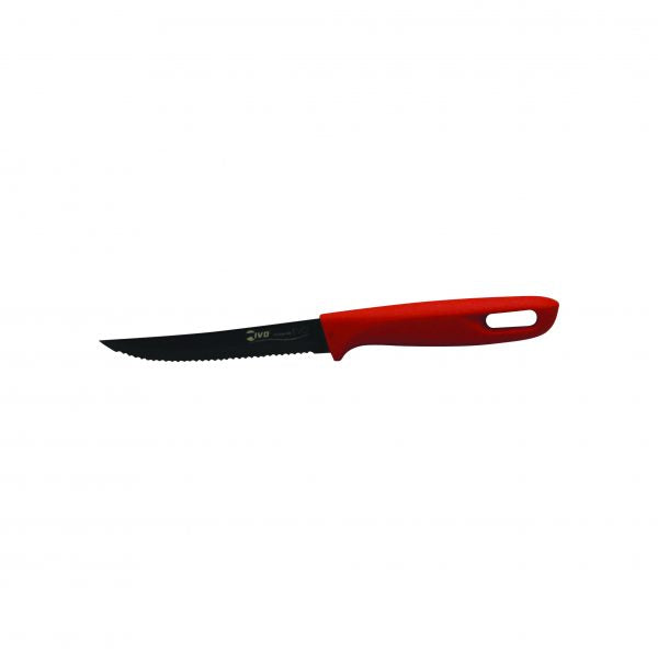 Utility Knife - 115mm, Serrated, Titanium Evo Red Handle from Ivo. made out of Titanium and sold in boxes of 6. Hospitality quality at wholesale price with The Flying Fork! 