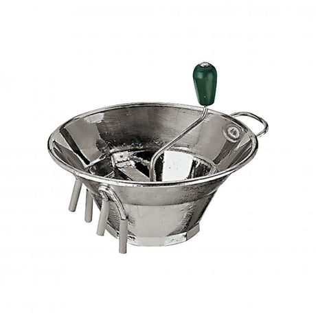 A stainless steel, handled, food mill showcased on a white background