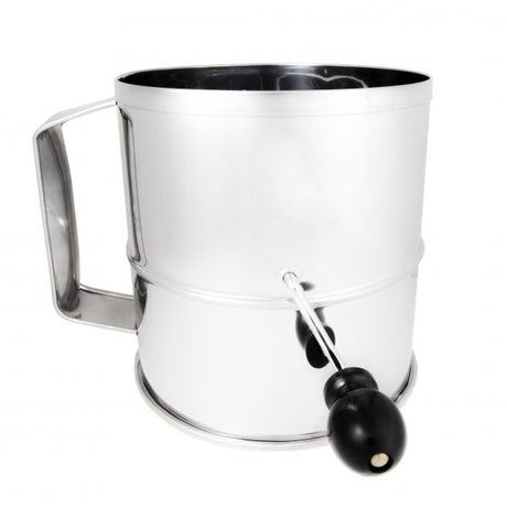 8-Cup Flour Sifter (Crank Handle) from Chef Inox. made out of Stainless Steel 18/10 and sold in boxes of 1. Hospitality quality at wholesale price with The Flying Fork! 