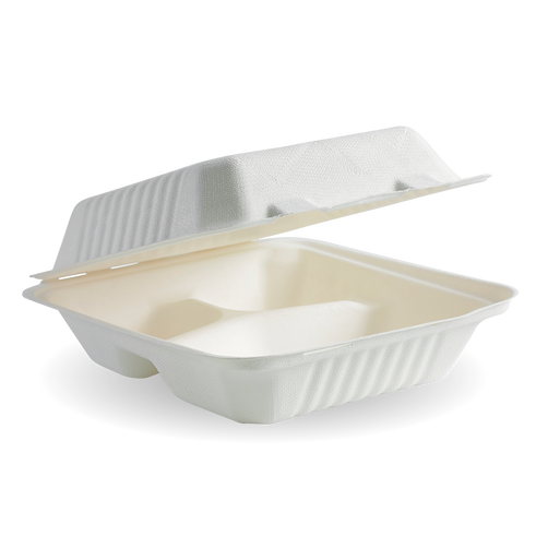Biocane Clamshell - 3 Compartments, Square, White (Box of 200) from BioPak. Compostable, made out of Sugarcane and sold in boxes of 1. Hospitality quality at wholesale price with The Flying Fork! 