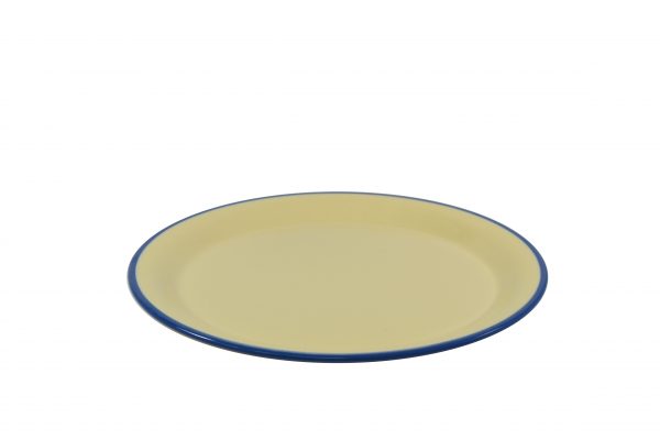 Round Plate - 200mm, Vintage Yellow with Blue Rim from Jab. Unbreakable, made out of Melamine and sold in boxes of 6. Hospitality quality at wholesale price with The Flying Fork! 