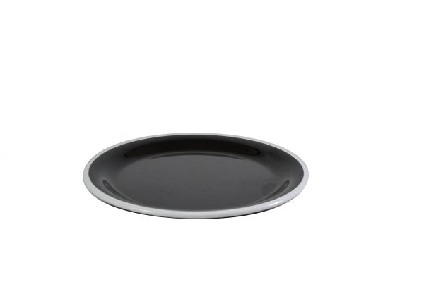 Round Plate - 200mm, Vintage Black with White Rim from Jab. Unbreakable, made out of Melamine and sold in boxes of 6. Hospitality quality at wholesale price with The Flying Fork! 