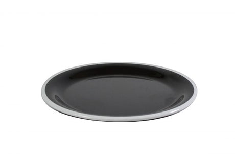 Round Plate - 255mm, Vintage Black with White Rim from Jab. Unbreakable, made out of Melamine and sold in boxes of 6. Hospitality quality at wholesale price with The Flying Fork! 