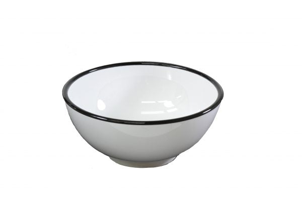 Round Bowl - 125x60mm, Vintage White with Black Rim from Jab. Unbreakable, made out of Melamine and sold in boxes of 6. Hospitality quality at wholesale price with The Flying Fork! 