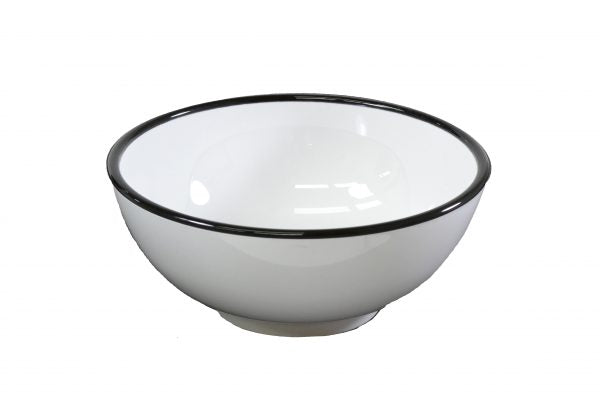 Round Bowl - 175x80mm, Vintage White with Black Rim from Jab. Unbreakable, made out of Melamine and sold in boxes of 6. Hospitality quality at wholesale price with The Flying Fork! 