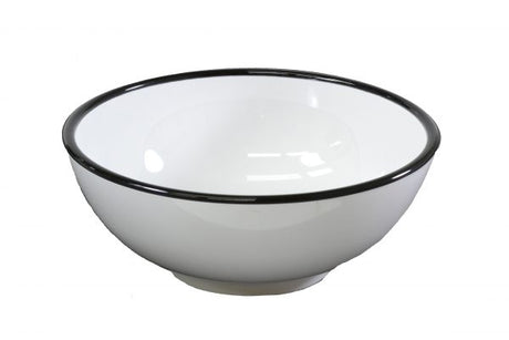 Round Bowl - 150x70mm, Vintage White with Black Rim from Jab. Unbreakable, made out of Melamine and sold in boxes of 6. Hospitality quality at wholesale price with The Flying Fork! 