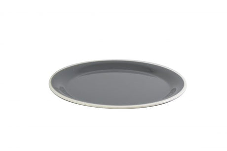 Round Plate - 255mm, Vintage Grey with White Rim from Jab. Unbreakable, made out of Melamine and sold in boxes of 6. Hospitality quality at wholesale price with The Flying Fork! 