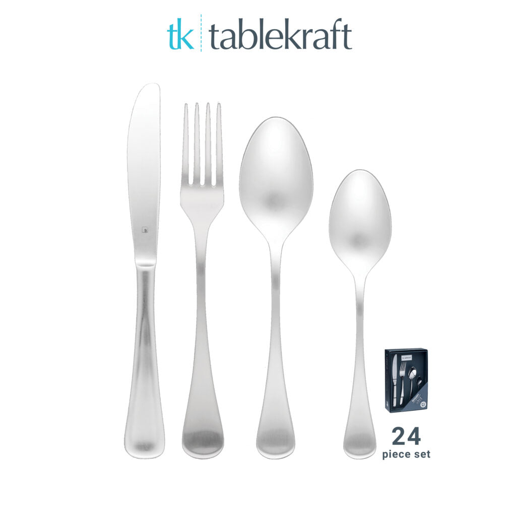 Cutlery Set - 24Pc, Elite from Tablekraft. Packed in a gift box and sold in boxes of 1. Hospitality quality at wholesale price with The Flying Fork! 