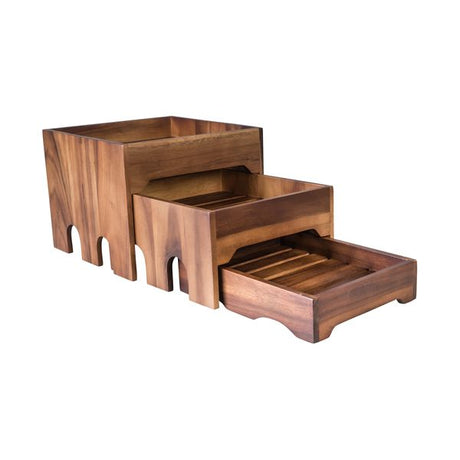 Nested Riser Set/3 from Moda. made out of Wood and sold in boxes of 4. Hospitality quality at wholesale price with The Flying Fork! 