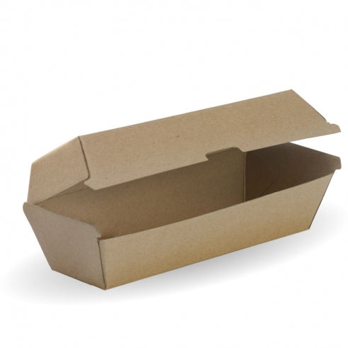 Hot dog box - 209x70x76mm - box of 400 from BioPak. Compostable, made out of FSC�� certified paper and sold in boxes of 1. Hospitality quality at wholesale price with The Flying Fork! 