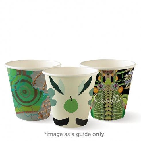 Biocup Single Wall - Art Series, 8oz, 90mm (Box of 1000) from BioPak. Compostable, made out of Paper and Bioplastic and sold in boxes of 1. Hospitality quality at wholesale price with The Flying Fork! 