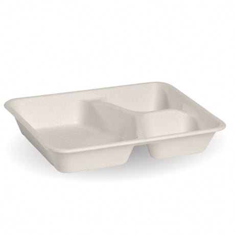 3 compartment take away container - 530-150-150ml, white, box of 500 from BioPak. Compostable, made out of Sugarcane and sold in boxes of 1. Hospitality quality at wholesale price with The Flying Fork! 