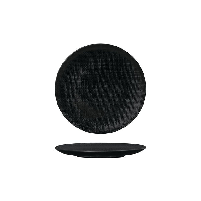 ROUND PLATE - FLAT, 180mm , MATT BLACK from Luzerne. Textured, made out of Ceramic and sold in boxes of 6. Hospitality quality at wholesale price with The Flying Fork! 