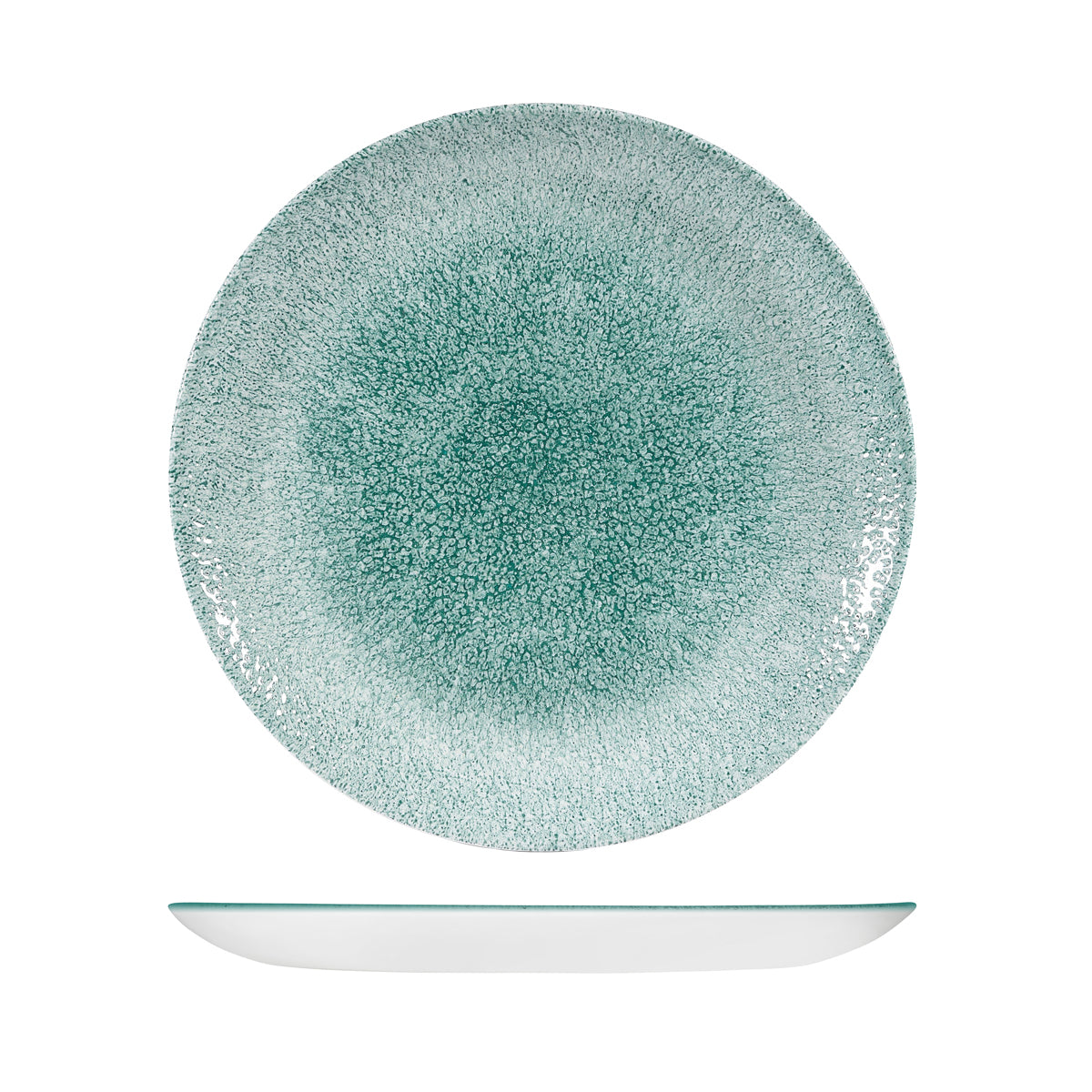 Round Plate - Coupe, 288mm, Raku, Jade Green from Churchill. Textured, made out of Porcelain and sold in boxes of 6. Hospitality quality at wholesale price with The Flying Fork! 
