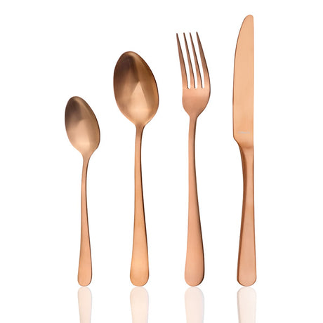 Four piece copper coloured cutlery range on white background