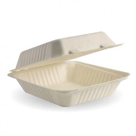 20x22x9cm (7.8x8x3") clamshell - natural from BioPak. Compostable, made out of Sugarcane Pulp and sold in boxes of 1. Hospitality quality at wholesale price with The Flying Fork! 