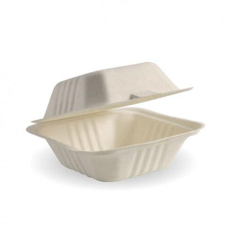 15x15x8cm natural clamshell - natural from BioPak. Compostable, made out of Sugarcane Pulp and sold in boxes of 1. Hospitality quality at wholesale price with The Flying Fork! 