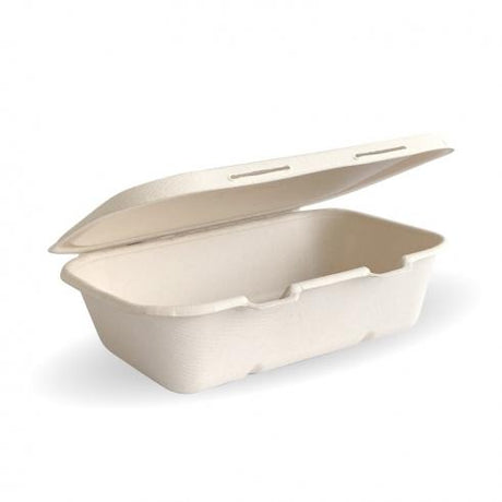 20x15x5cm (7.5x5x1.9") clamshell - natural from BioPak. Compostable, made out of Sugarcane Pulp and sold in boxes of 1. Hospitality quality at wholesale price with The Flying Fork! 