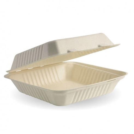 23x23x8cm (9x9x3") 3 compartment clamshell - natural from BioPak. Compostable, made out of Sugarcane Pulp and sold in boxes of 1. Hospitality quality at wholesale price with The Flying Fork! 