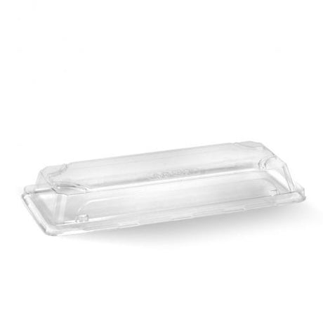 Long sushi tray PLA lid - clear from BioPak. Compostable, made out of Paper and Bioplastic and sold in boxes of 1. Hospitality quality at wholesale price with The Flying Fork! 