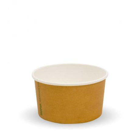 90ml (3oz) Ice Cream BioCup - printed kraft-look from BioPak. Compostable, made out of Paper and Bioplastic and sold in boxes of 1. Hospitality quality at wholesale price with The Flying Fork! 