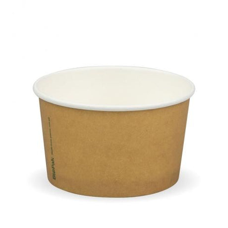240ml (8oz) Ice Cream BioCup - printed kraft-look from BioPak. Compostable, made out of Paper and Bioplastic and sold in boxes of 1. Hospitality quality at wholesale price with The Flying Fork! 
