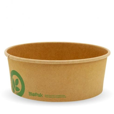 1,300ml Extra Large BioBowl - printed kraft-look from BioPak. Compostable, made out of Paper and Bioplastic and sold in boxes of 1. Hospitality quality at wholesale price with The Flying Fork! 
