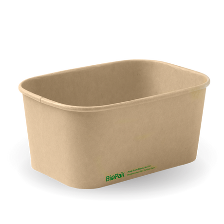 Rectangle Pla Lined Paper Container - 1000Ml, Natural from Biopak. Compostable and sold in boxes of 1. Hospitality quality at wholesale price with The Flying Fork! 