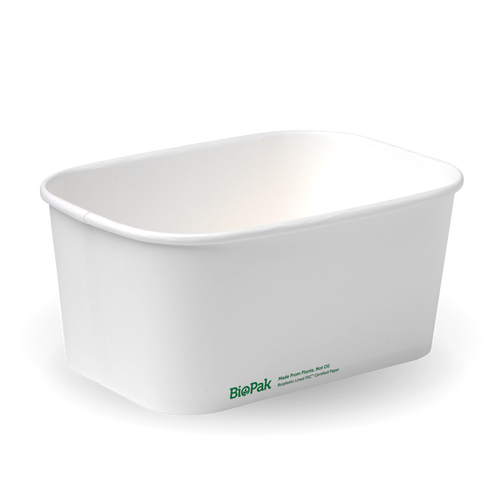 Rectangle Pla Lined Paper Container - 1000Ml, White from Biopak. Compostable and sold in boxes of 1. Hospitality quality at wholesale price with The Flying Fork! 