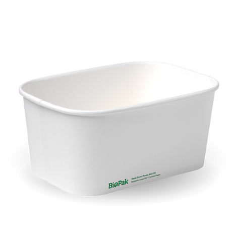 Rectangle Pla Lined Paper Container - 1000Ml, White from Biopak. Compostable and sold in boxes of 1. Hospitality quality at wholesale price with The Flying Fork! 