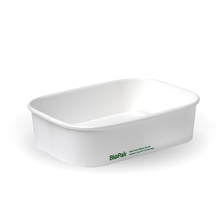 Rectangle Pla Lined Paper Container - 500Ml, White from Biopak. Compostable and sold in boxes of 1. Hospitality quality at wholesale price with The Flying Fork! 