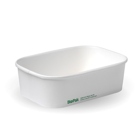 Rectangle Pla Lined Paper Container - 650Ml, White from Biopak. Compostable and sold in boxes of 1. Hospitality quality at wholesale price with The Flying Fork! 