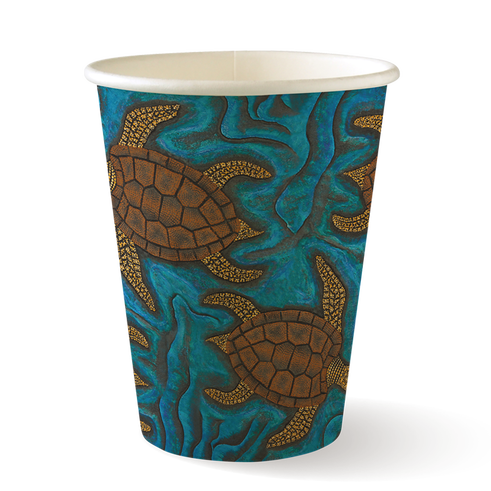 390ml (12oz) cup (fits large lids) - indigenous series from BioPak. Compostable, made out of Paper and Bioplastic and sold in boxes of 1. Hospitality quality at wholesale price with The Flying Fork! 