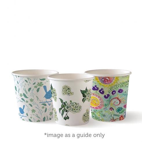 120ml (4oz) cup - art series from BioPak. Compostable, made out of Paper and Bioplastic and sold in boxes of 1. Hospitality quality at wholesale price with The Flying Fork! 