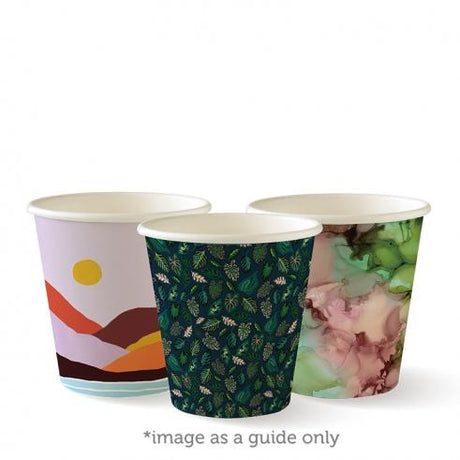 230ml (6oz) cup (fits small lids) - art series from BioPak. Compostable, made out of Paper and Bioplastic and sold in boxes of 1. Hospitality quality at wholesale price with The Flying Fork! 