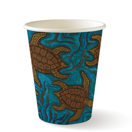 280ml (8oz) cup (fits small lids) - indigenous series from BioPak. Compostable, made out of Paper and Bioplastic and sold in boxes of 1. Hospitality quality at wholesale price with The Flying Fork! 