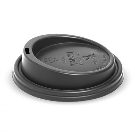 90mm PS large sipper lid - fits all 90mm cups - black from BioPak. Compostable, made out of Bioplastic and sold in boxes of 1. Hospitality quality at wholesale price with The Flying Fork! 