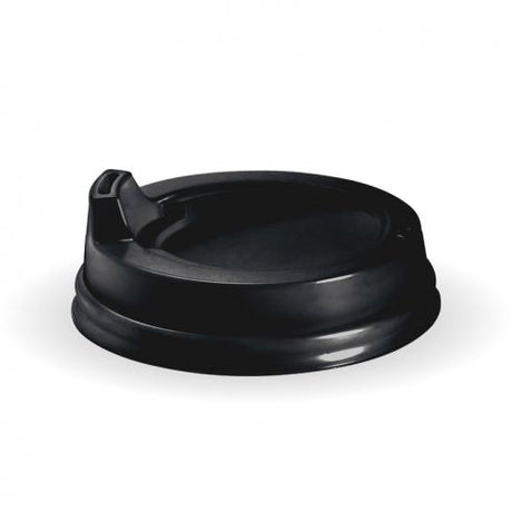 80mm PS small sipper lid - fits all 80mm cups - black from BioPak. Compostable, made out of Bioplastic and sold in boxes of 1. Hospitality quality at wholesale price with The Flying Fork! 