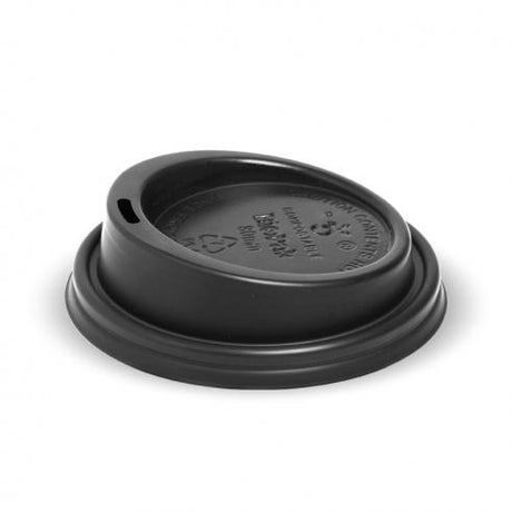 6, 8, 10 and 12(80mm)oz PLA small lid - black from BioPak. Compostable, made out of Bioplastic and sold in boxes of 1. Hospitality quality at wholesale price with The Flying Fork! 