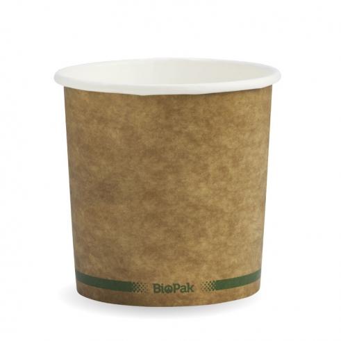 740ml (24oz) bowl - printed kraft-look green stripe from BioPak. Compostable, made out of Paper and Bioplastic and sold in boxes of 1. Hospitality quality at wholesale price with The Flying Fork! 