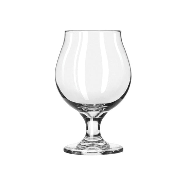 A large tulip styled clear beer glass on a white background