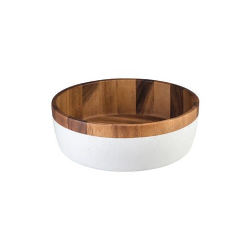 White based bowl with Acacia wood trim on white background