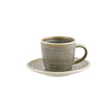 Grey scale espresso cup and saucer on white background