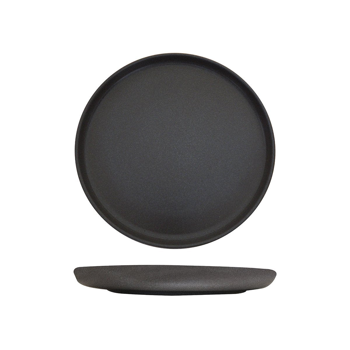 Large round plate in dark grey colouring on a white background