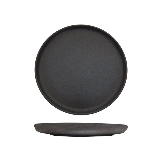 Large round plate in dark grey colouring on a white background