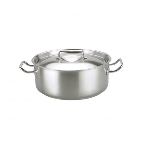 Large stainless steel casserole dish with lid on white background