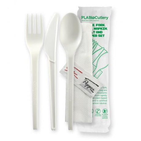 16.5cm (6.5") PLA knife, fork, spoon, napkin, salt & pepper set - white - BioPak branded wrap from BioPak. Compostable, made out of FSC Pulp and sold in boxes of 1. Hospitality quality at wholesale price with The Flying Fork! 